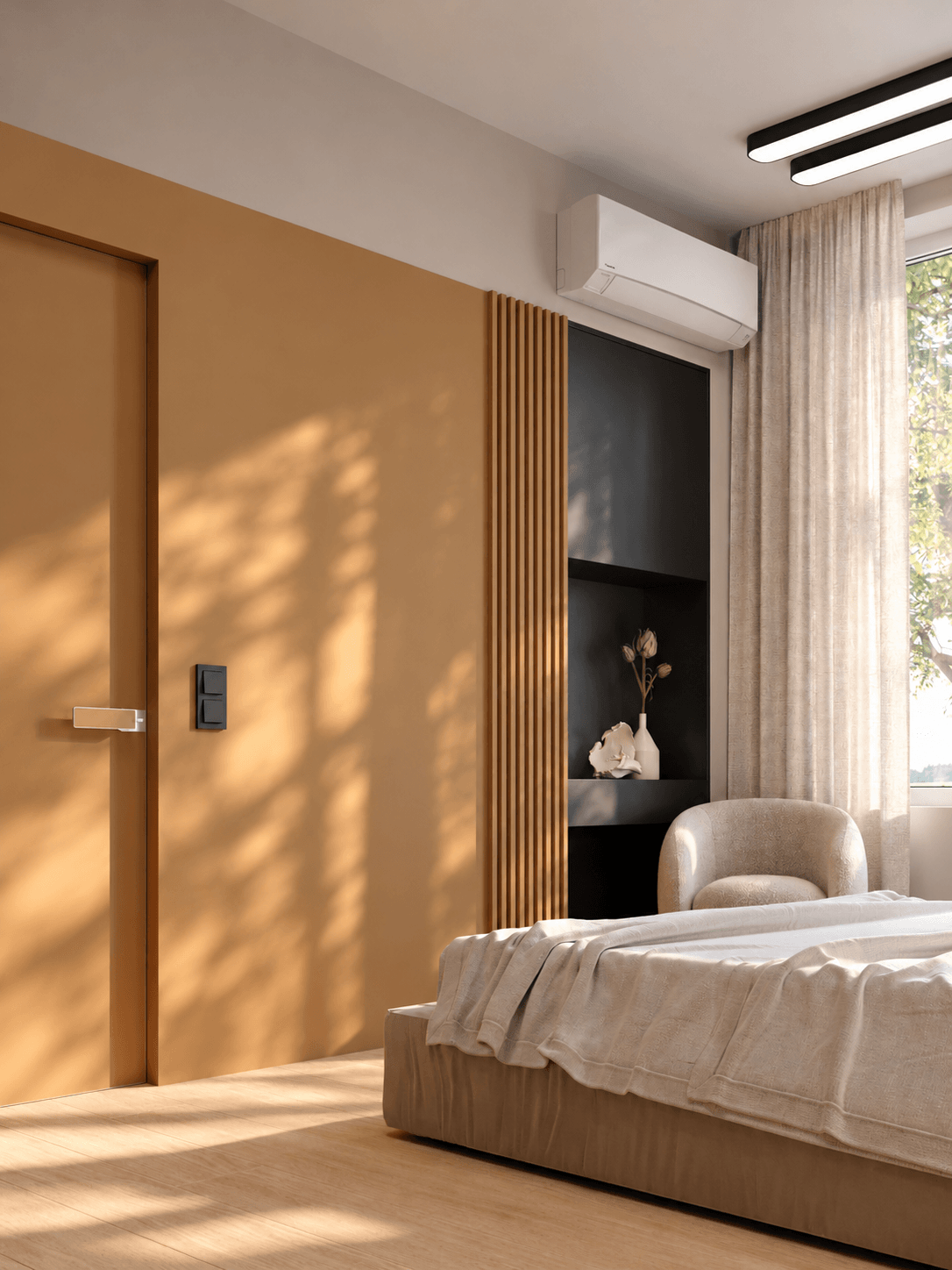 Mur minimaliste avec lattes peintes couleur moutarde dans un appartement avec aménagement petit salon