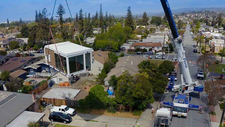 A crane installs a Mighty Buildings accessory dwelling unit in San Leandro. MIGHTY BUILDINGS