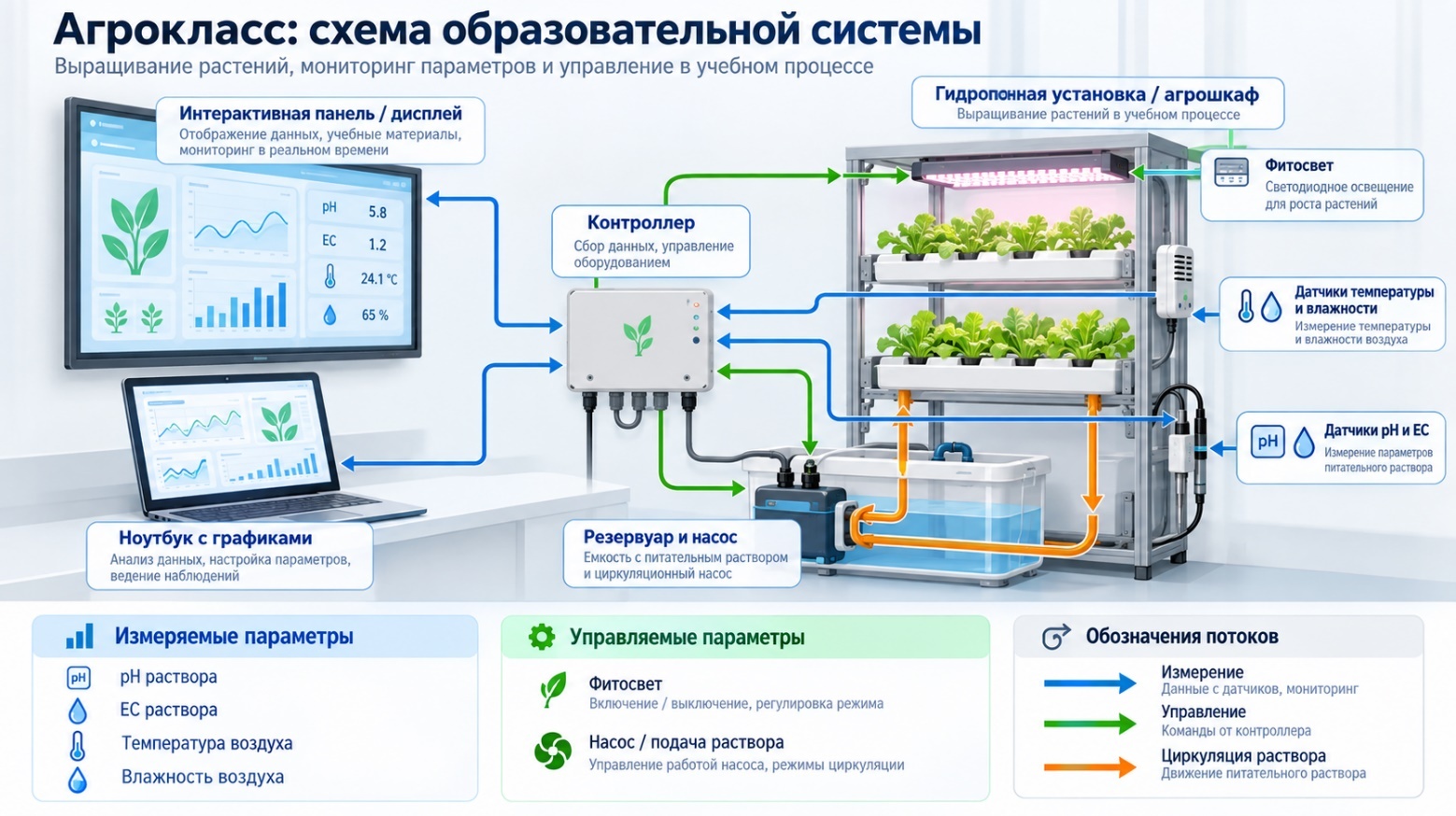 Схема агрокласса: гидропонная установка, резервуар и насос, фитосвет, датчики pH и EC, температуры и влажности, контроллер и отображение данных на панели и ноутбуке