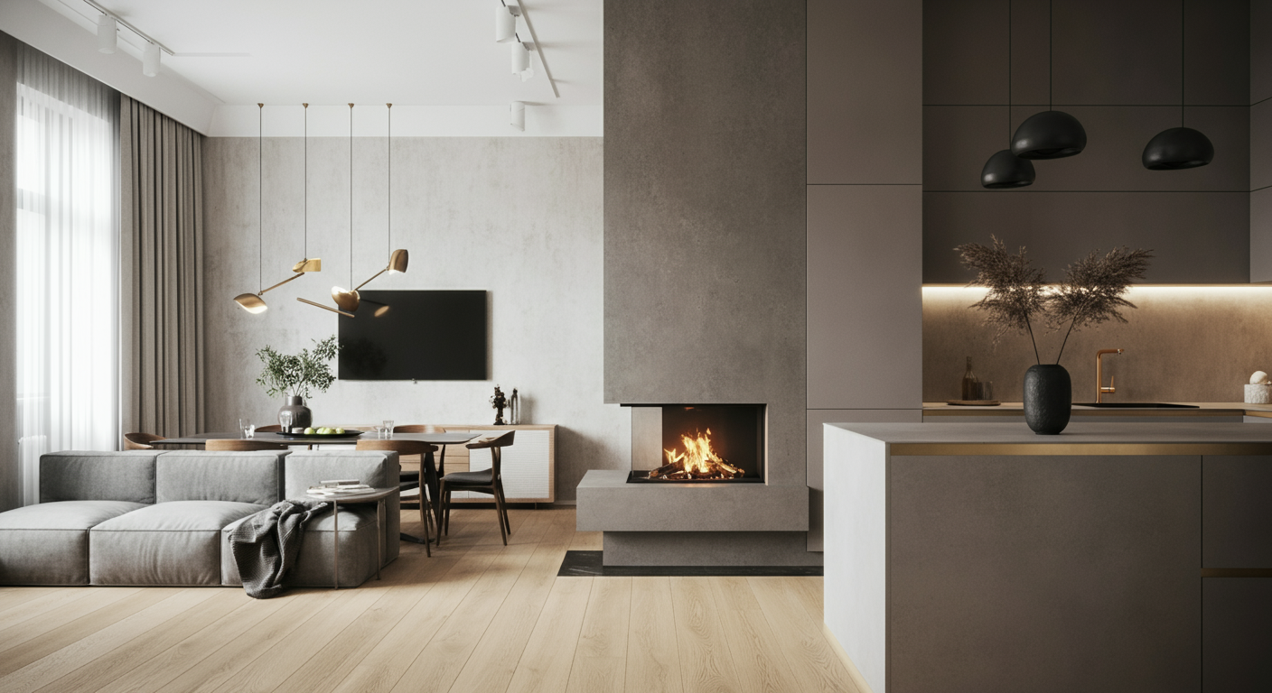 Интерьер luxury апартаментов с дизайнерским ремонтом под ключ в Москве: гостиная с камином, встроенной кухней и мягкой мебелью в современном минимализме