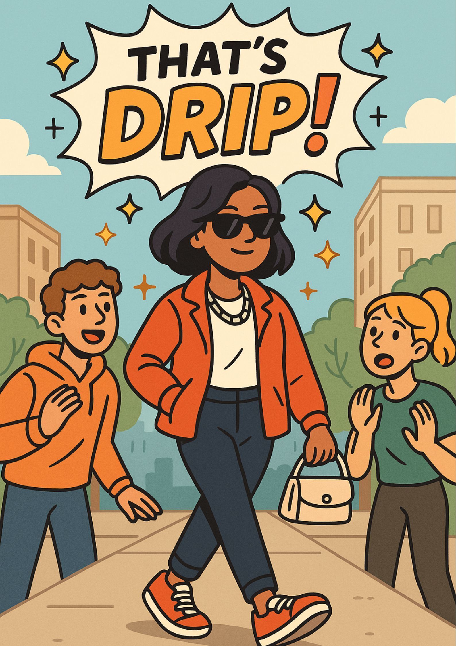 Комиксовая иллюстрация: девушка идёт по улице в стильном наряде, друзья восхищённо говорят «That’s drip!» — пример употребления drip в значении «крутой стиль».