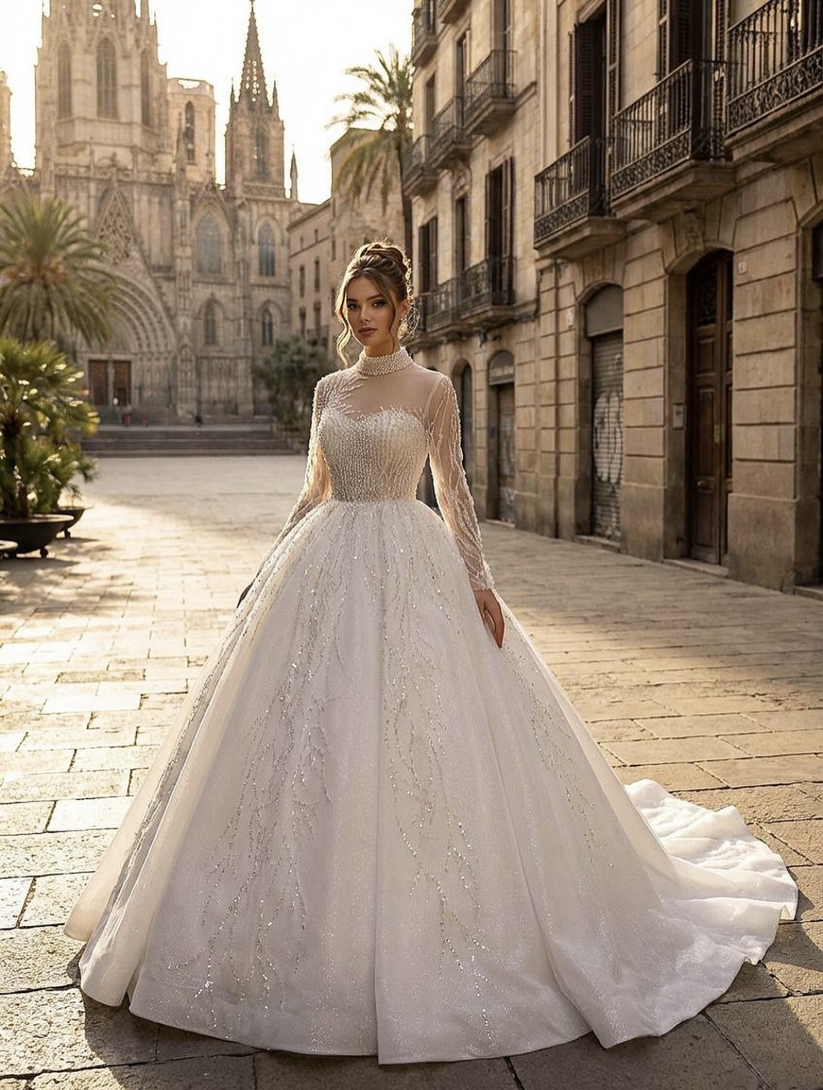 свадебное платье сияющее со шлейфом