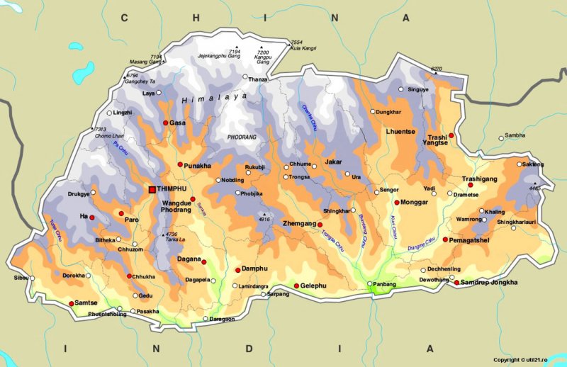 Бутан политическая карта