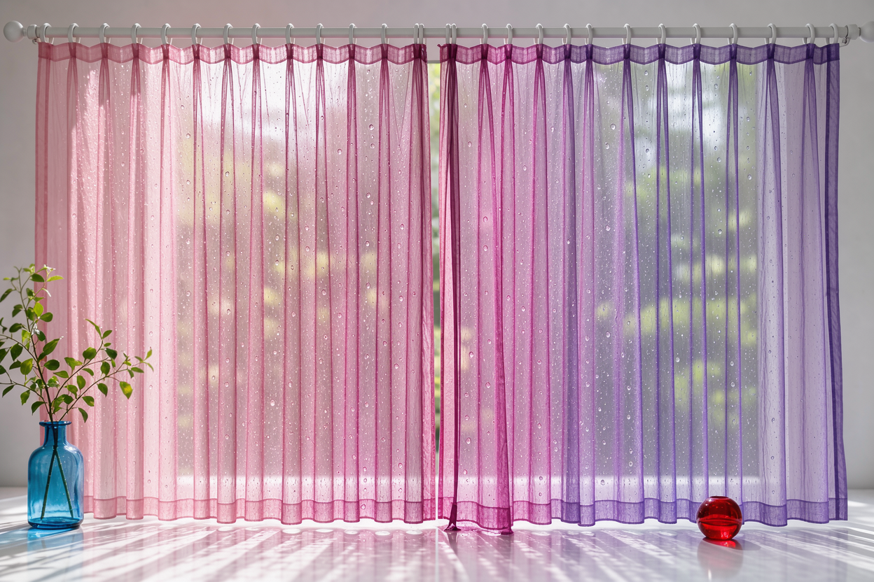 Light, damp sheer curtains hanging on a curtain rod, smoothing out under their own weight while drying indoors