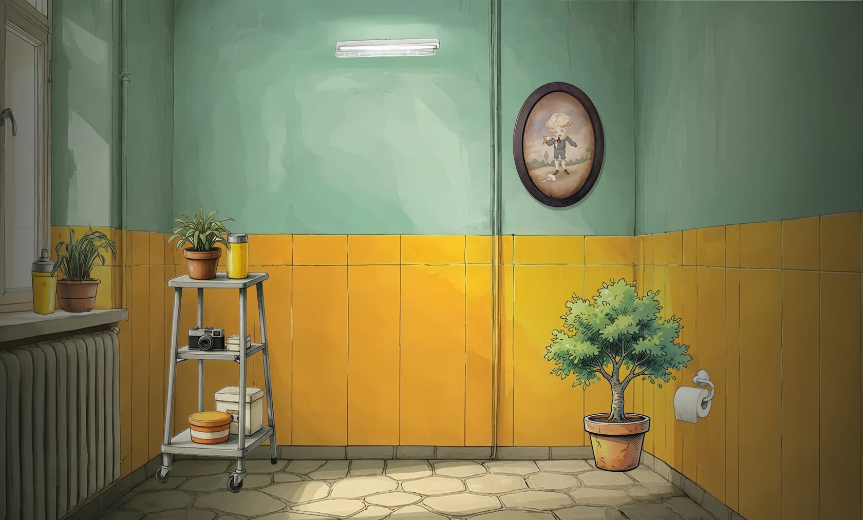 ванная комната с картиной из коралины в стране кошмаров