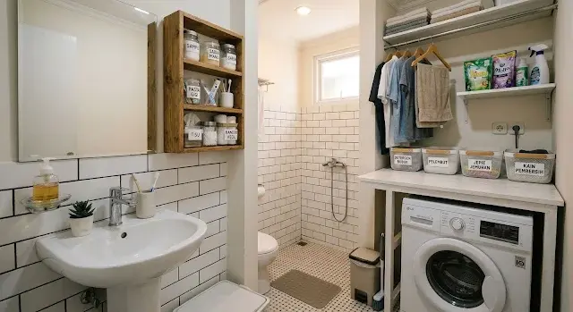 Kamar mandi kecil dan area laundry rapi dengan organizer dan sekat penyimpanan