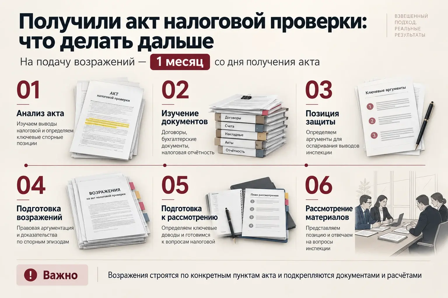 Схема «Получили акт налоговой проверки: что делать дальше» — шесть шагов, на возражения 1 месяц