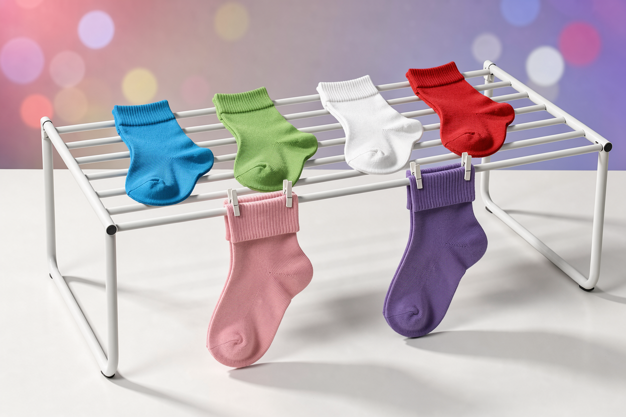 Clean socks laid flat to air dry on a drying rack and some hanging gently, natural light
