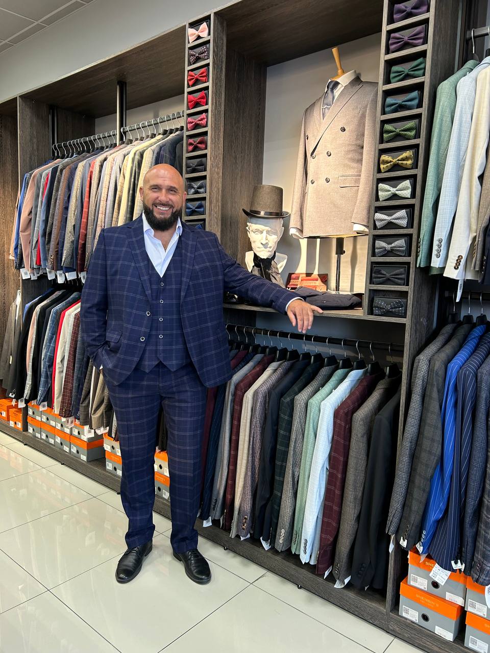 синий в клетку мужской костюм тройка 