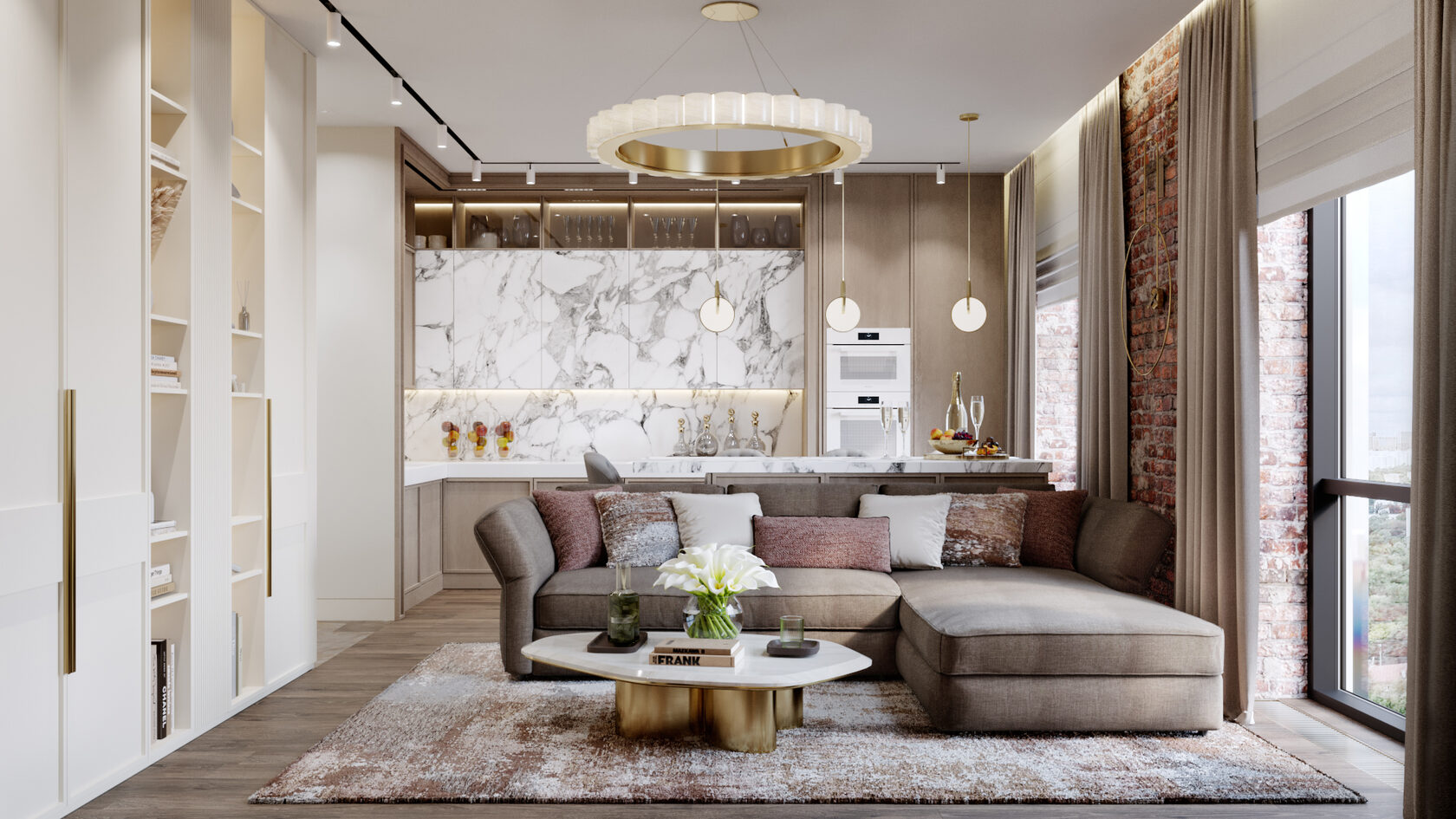 Дизайн интерьера кухни-гостиной, воздушность и брутальность в одном пространстве