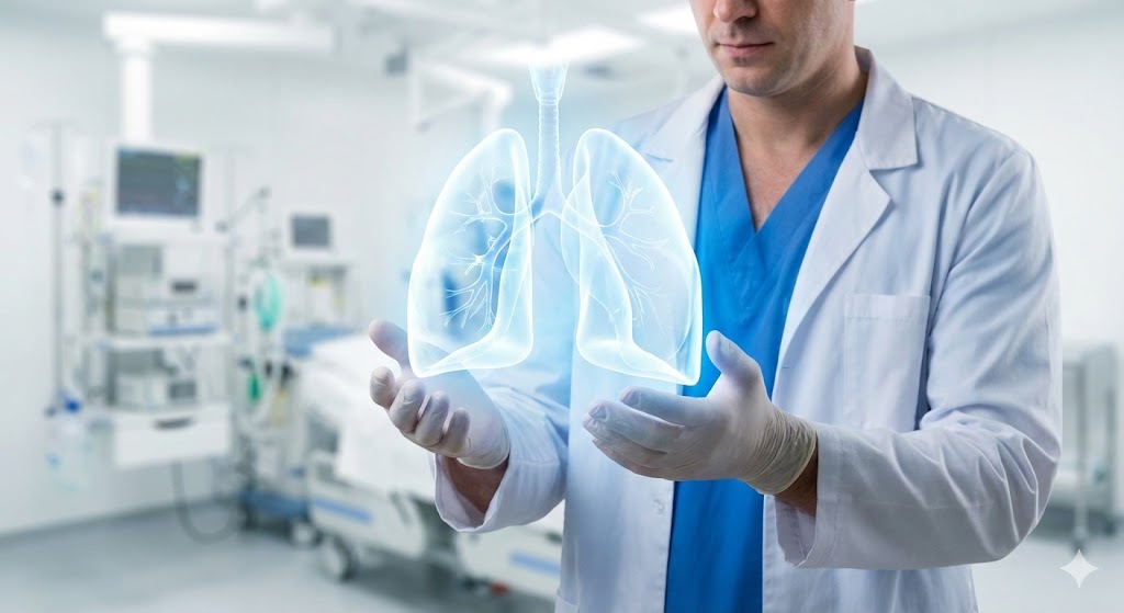 Врач держит в руках светящуюся модель здоровых легких человека в честь Всемирного дня легких.