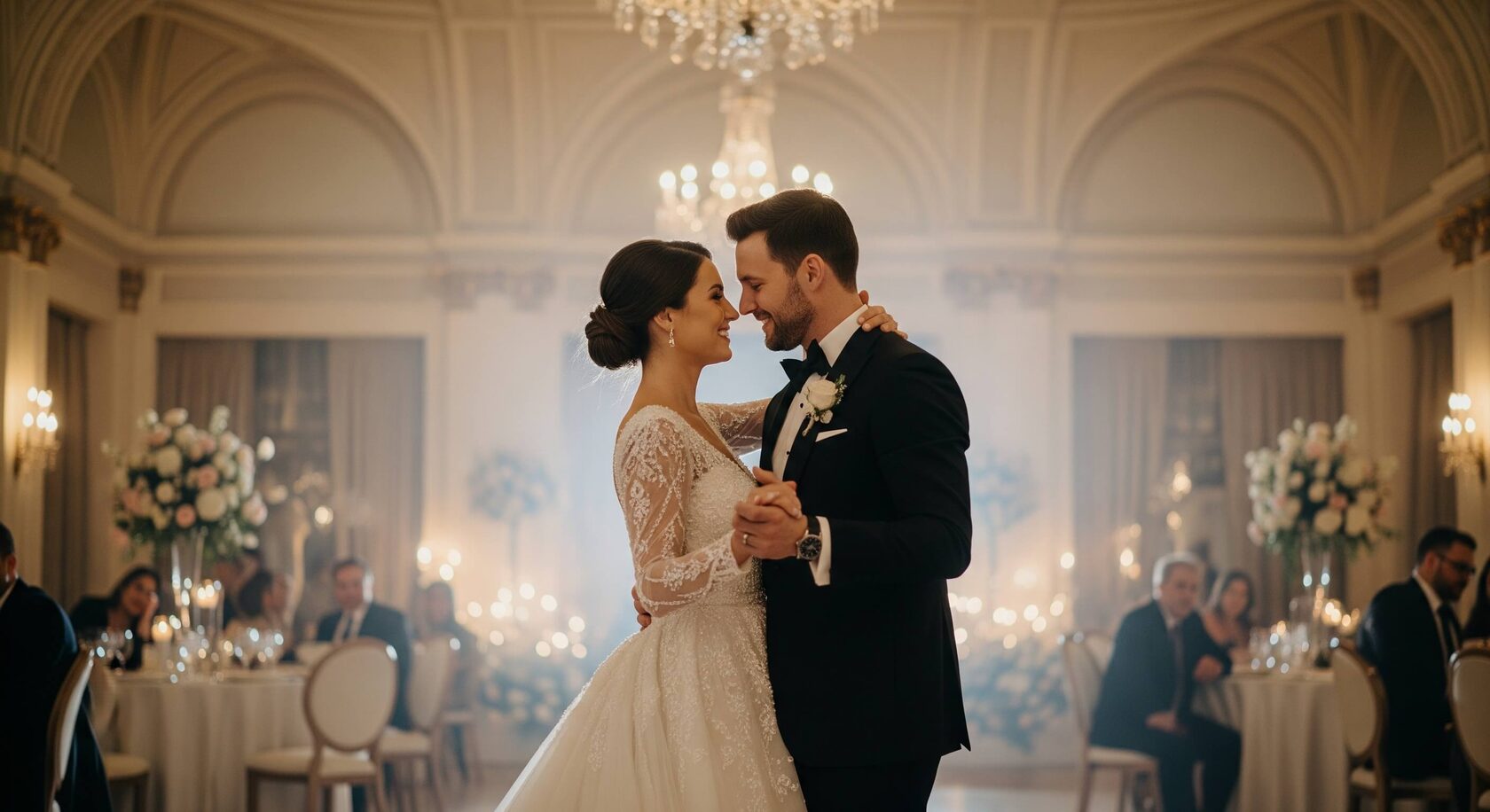 A bride and groom share a romantic first dance in a beautifully lit wedding hall, looking lovingly into each other's eyes