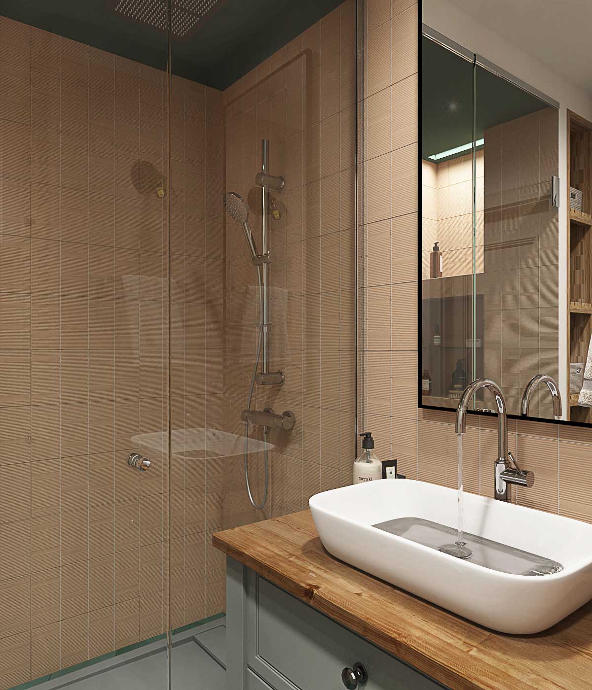 прямоугольная накладная раковина, душевая со стеклом. Большое зеркало