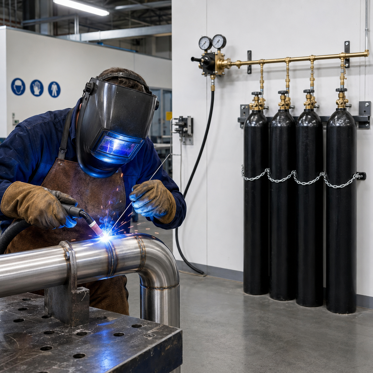 расход газа при TIG-сварке: подача аргона от рампы на 4 баллона к сварочному посту