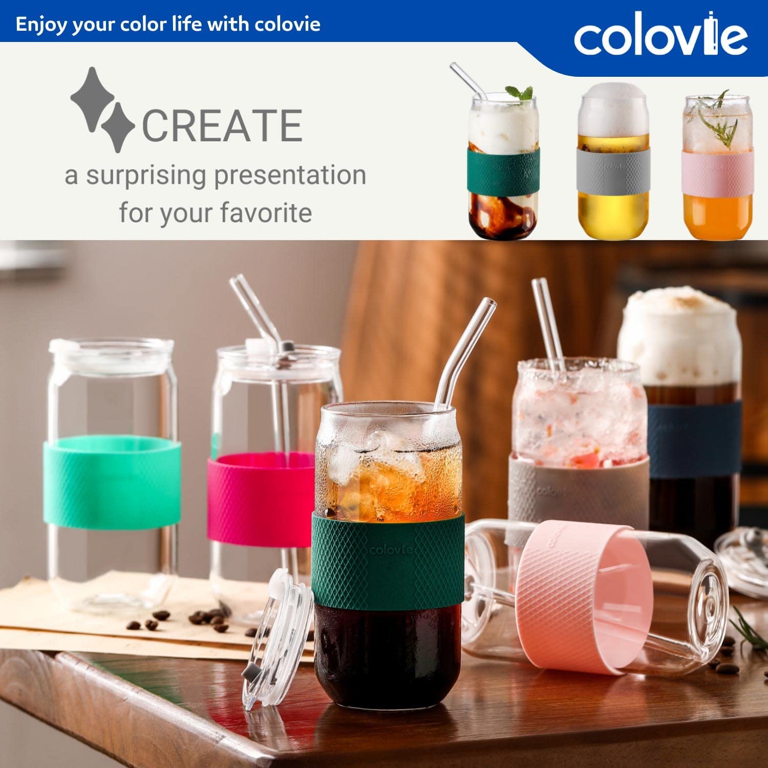 ColoVie Glass Tumbler with 3 IN 1 Lids and Glass Straws(Extra