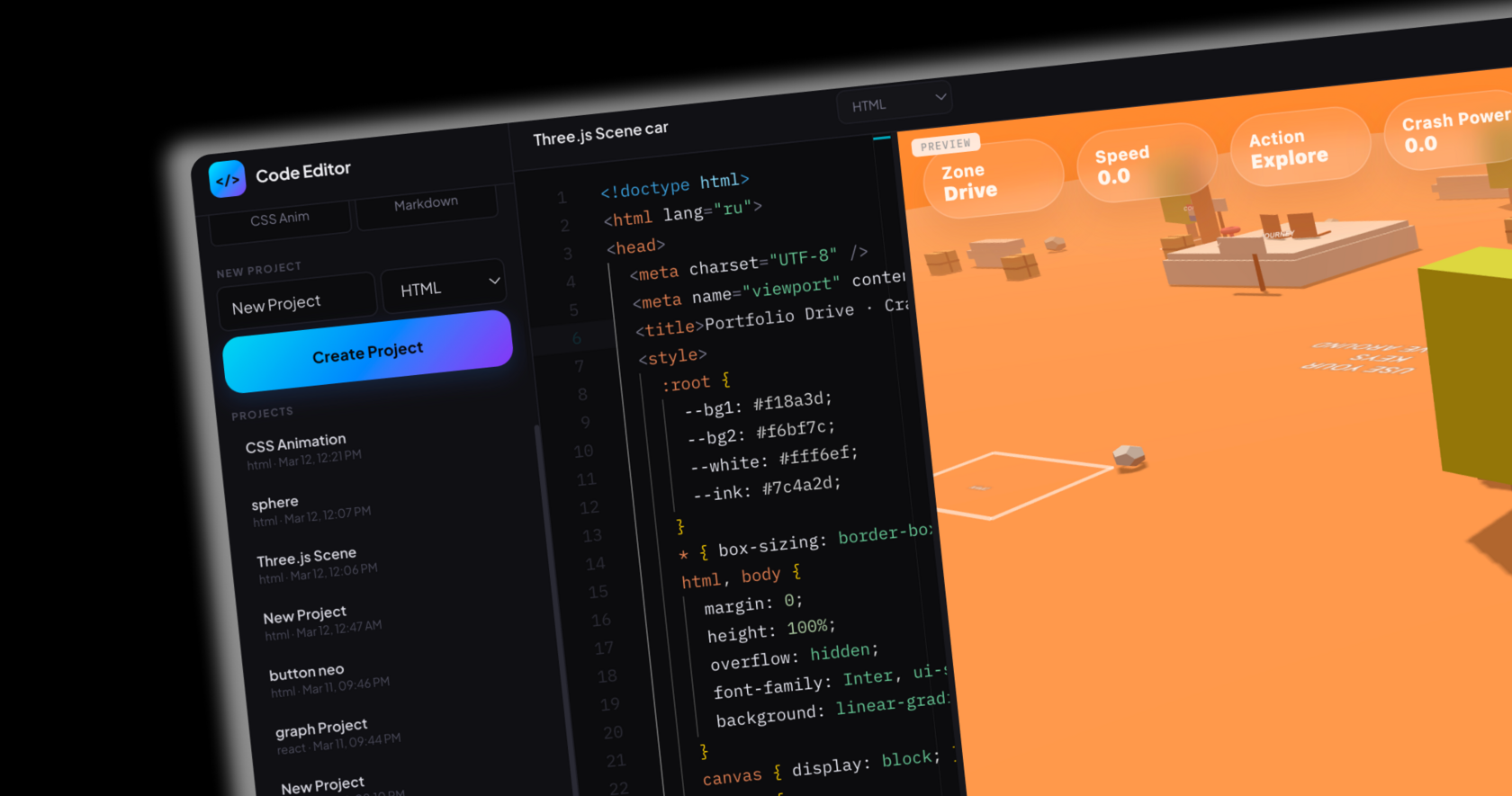 Code Editor with live preview and project sidebar