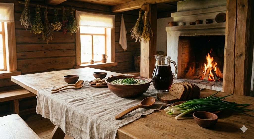 Традиционный русский стол с окрошкой и квасом