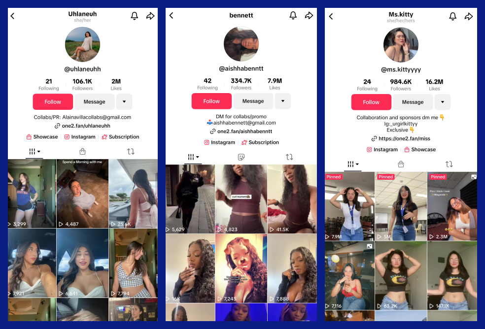 The picture is 3 screenshots with TikTok profiles of content creators who collaborate with One2fan. Each content creator has a clickable link to One2fan added to their profile.