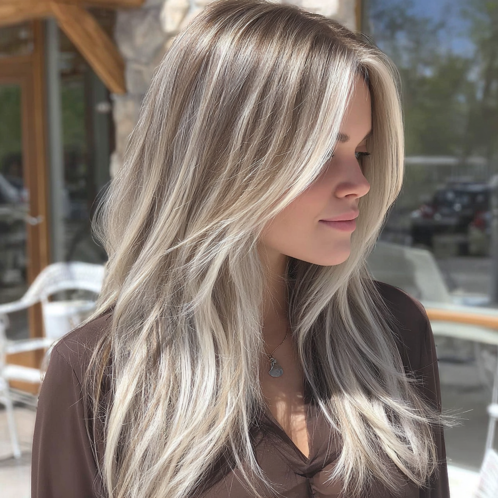 Пепельный блонд на прямых волосах крупным планом