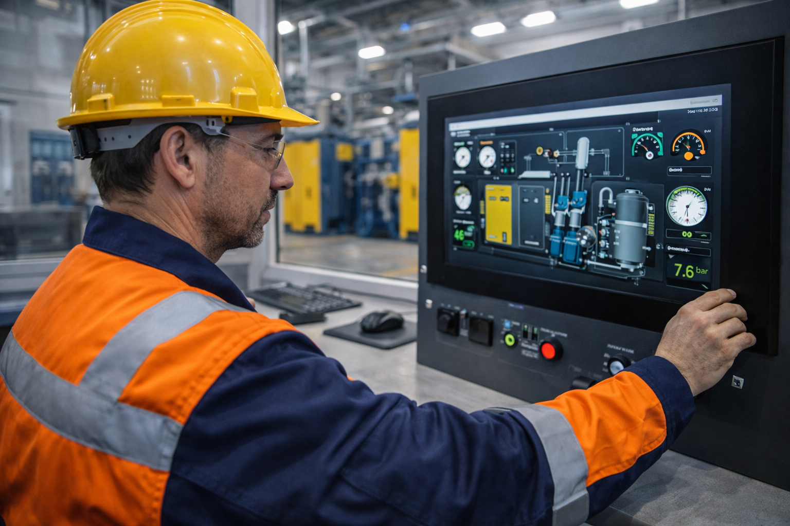 Оператор контролирует параметры компрессорной станции на пульте управления