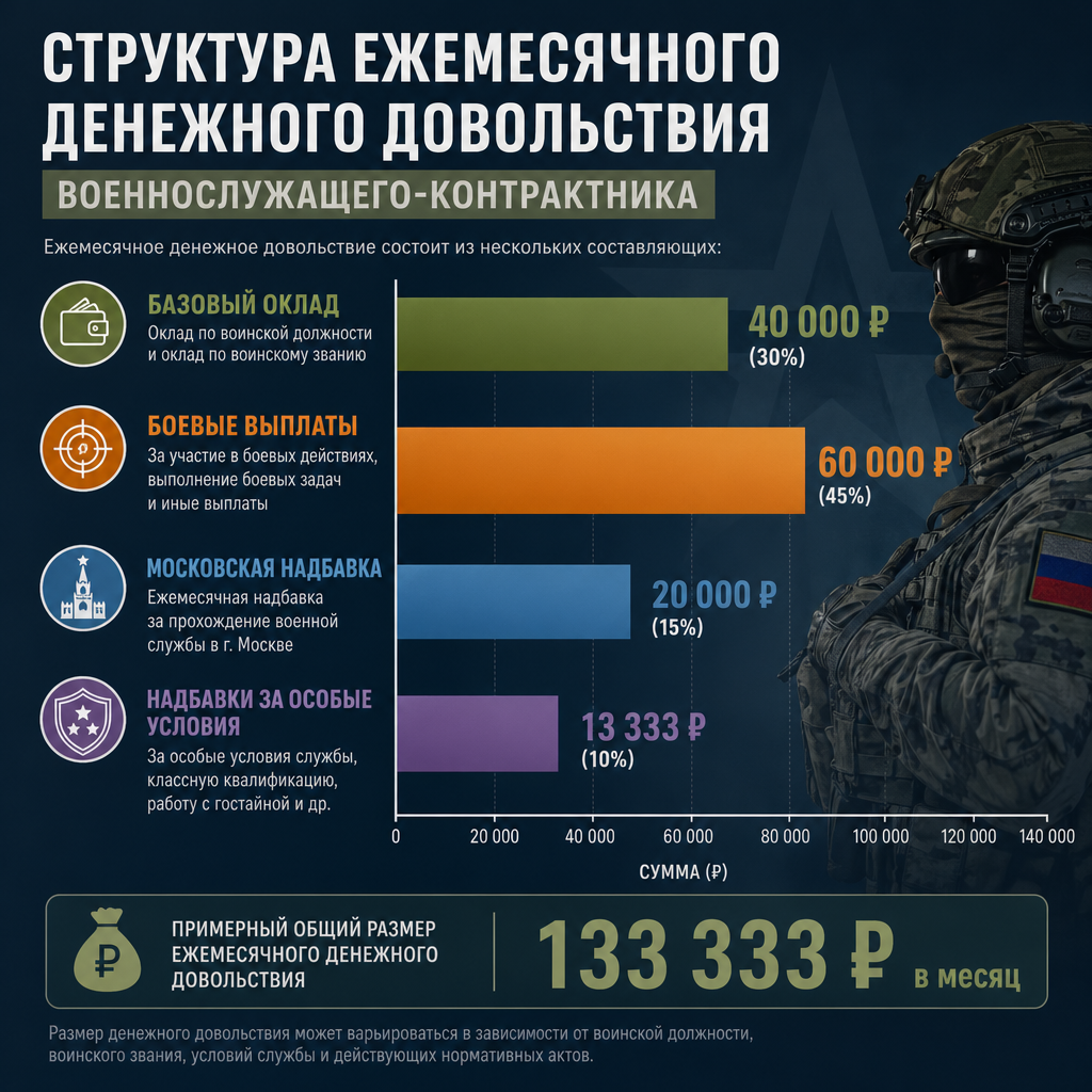 инфографика — структура ежемесячного денежного довольствия военнослужащего-контрактника: базовый оклад, боевые выплаты, московская надбавка, надбавки за особые условия — визуализация в виде столбчатой диаграммы