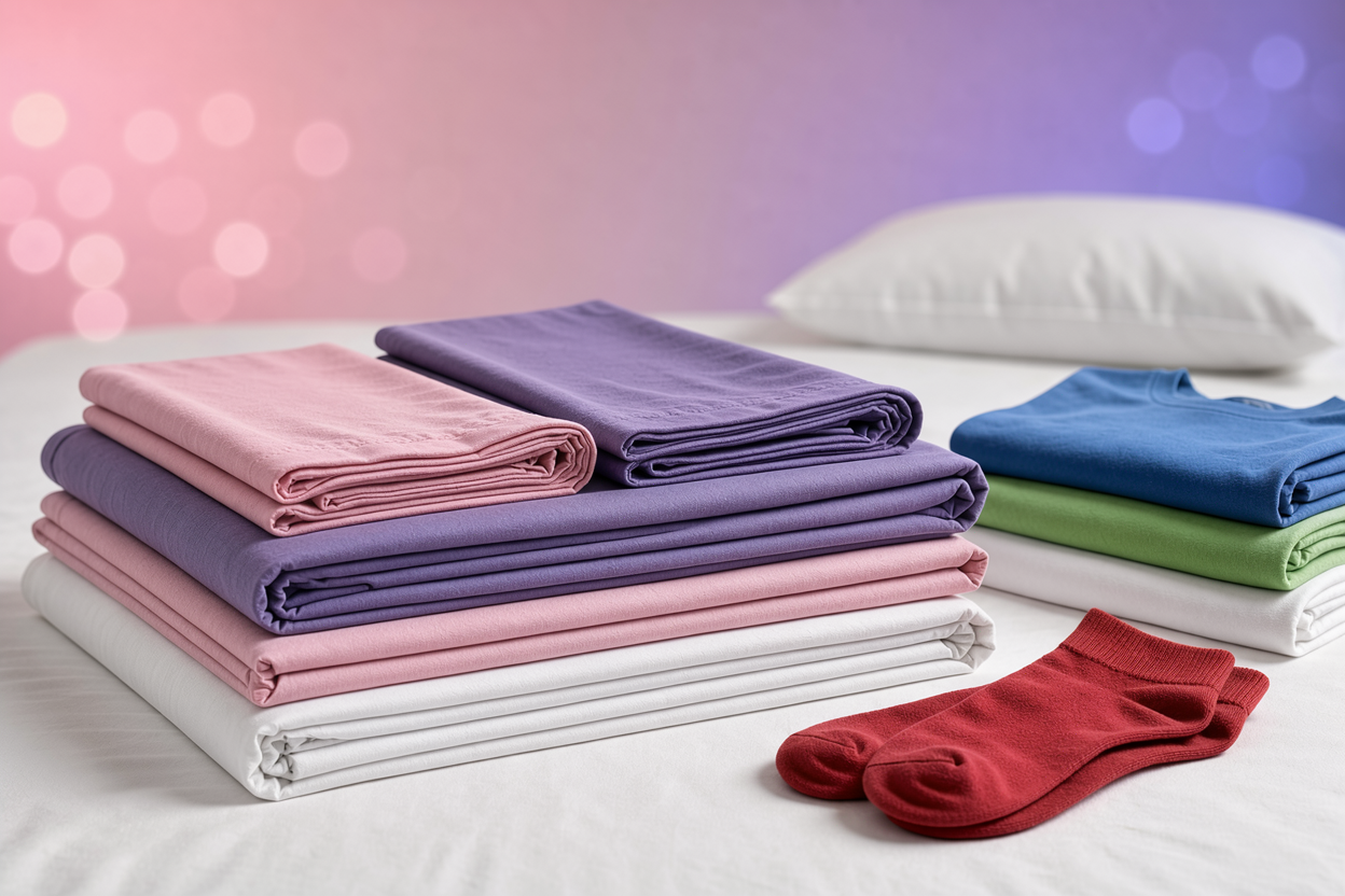 Close-up of folded bed sheets and pillowcases on a bed, with a small stack of clean clothes and a pair of socks nearby, natural light, no product labels