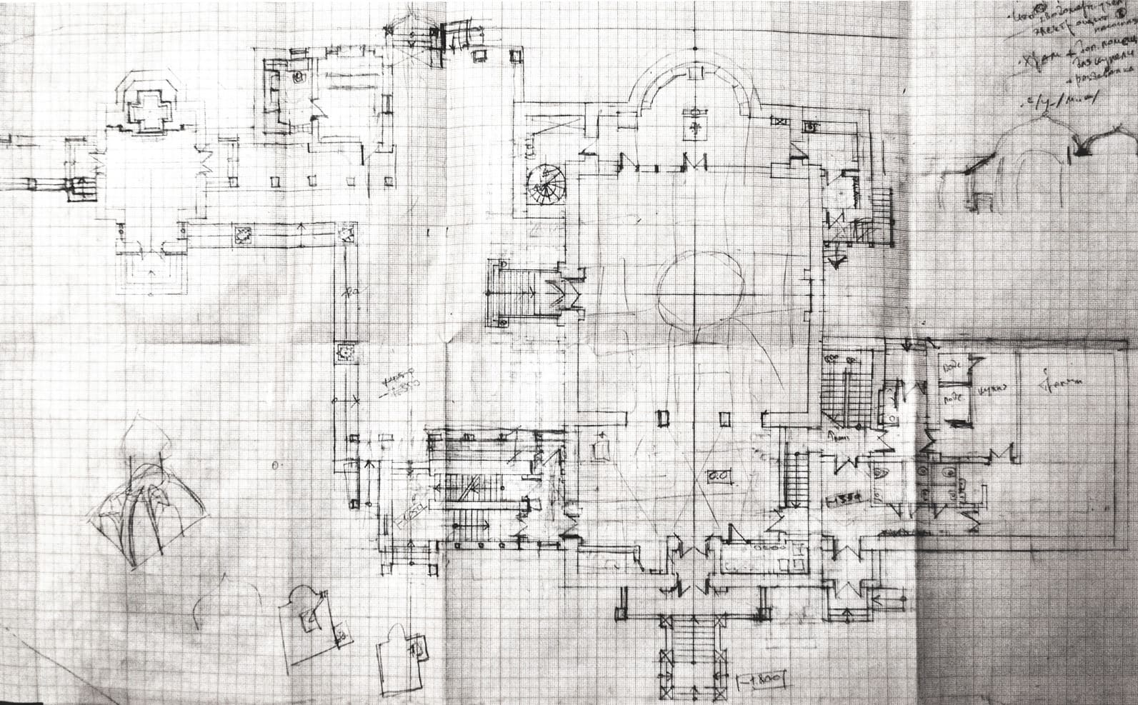 sketch design, orthodox church project, sacred architecture, parish center