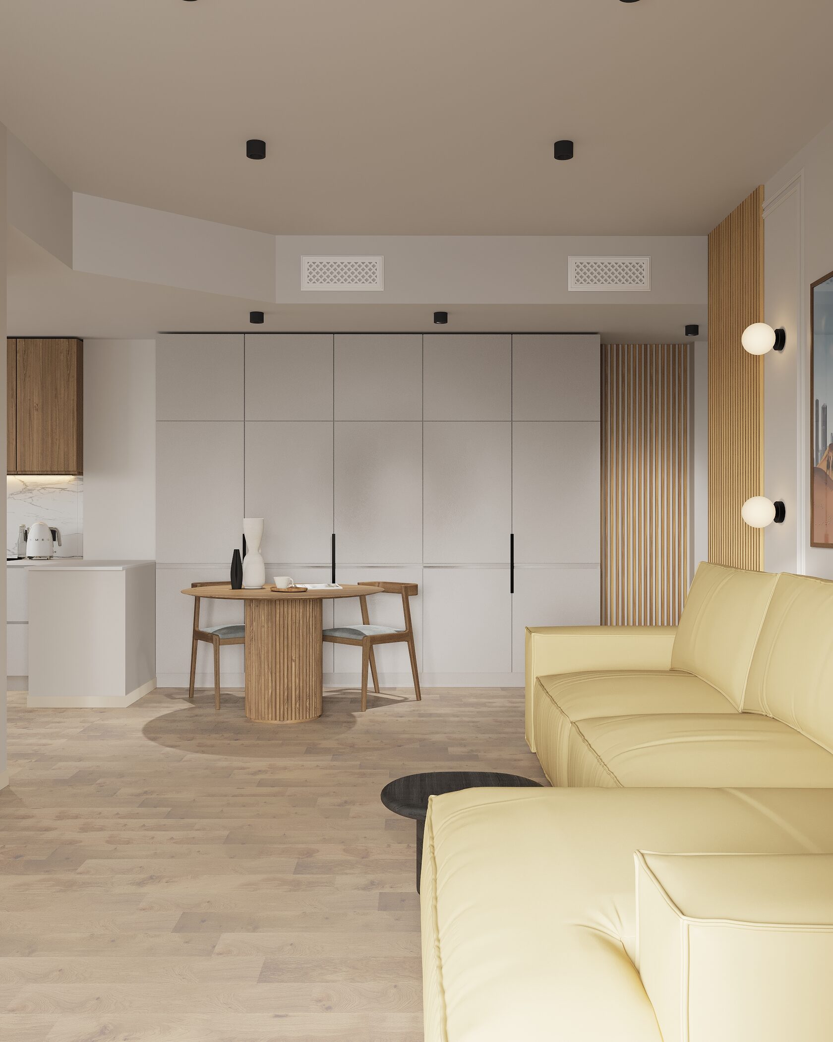 интерьер с желтым диваном 