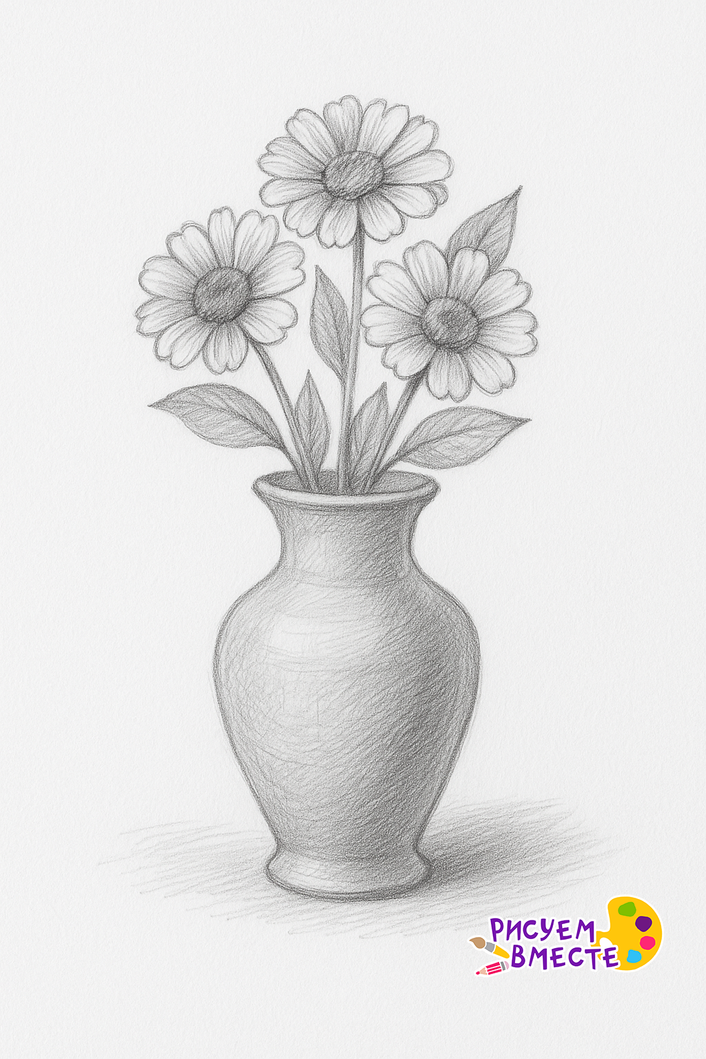 Карандашный рисунок вазы с тремя цветами и листьями на белом фоне для срисовки
