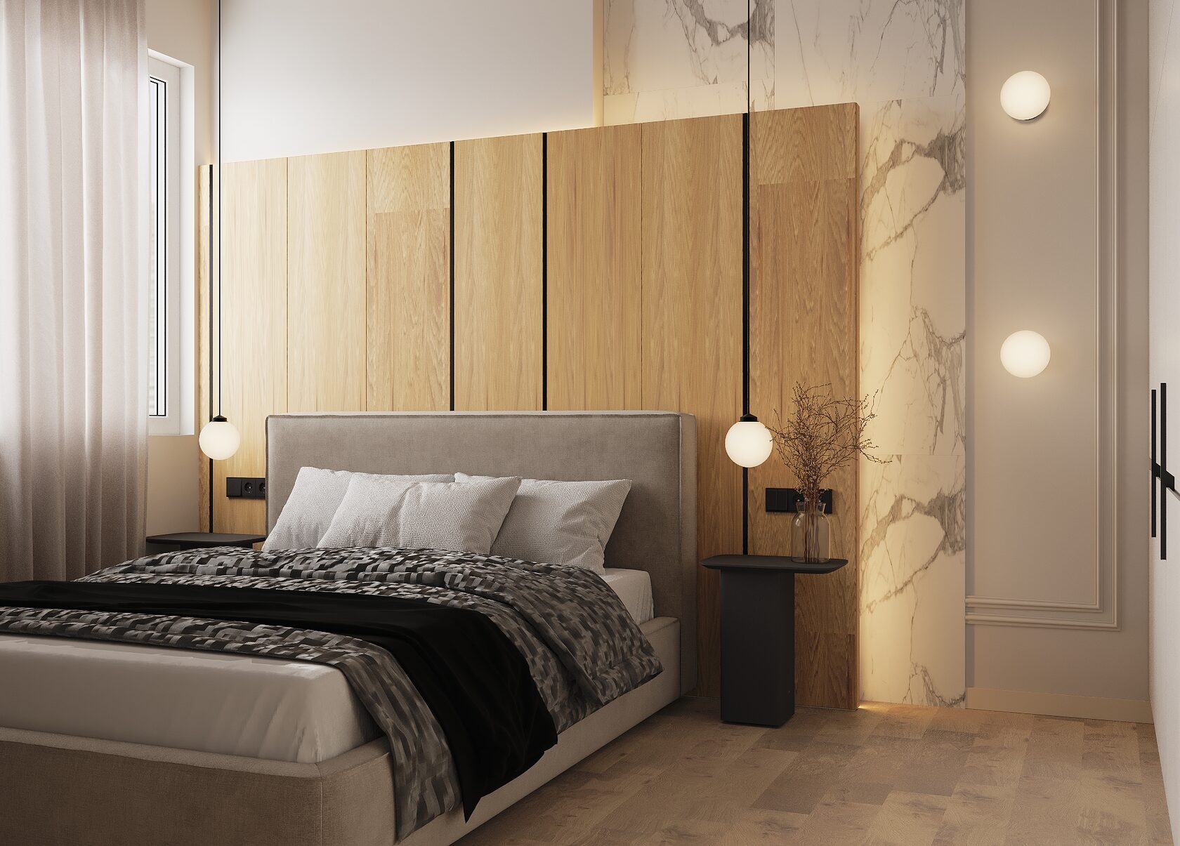 необычное изголовье для кровати из панелей деревянная мдф шпон мрамор 