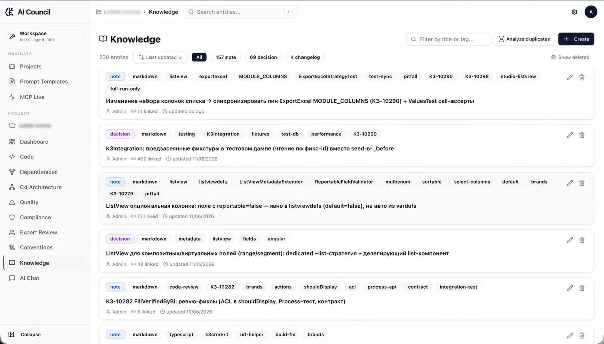AI Council — база знаний проекта со связями к коду