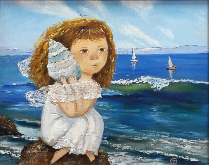 Ракушка девочки. Девочка с ракушкой. Девушка в ракушке. Девушка у моря картина. Девушка в ракушке картина.