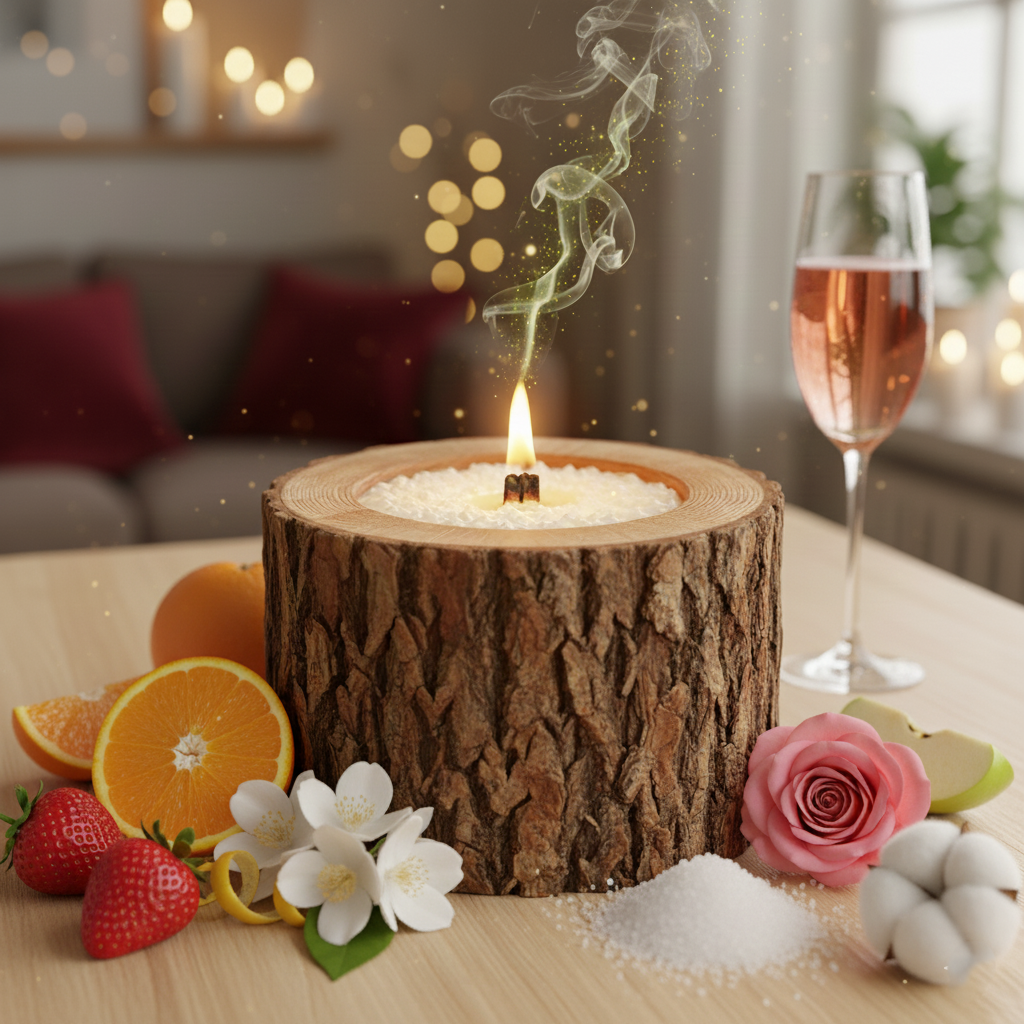Свеча в спиле дерева с ароматом ягодного розового шампанского