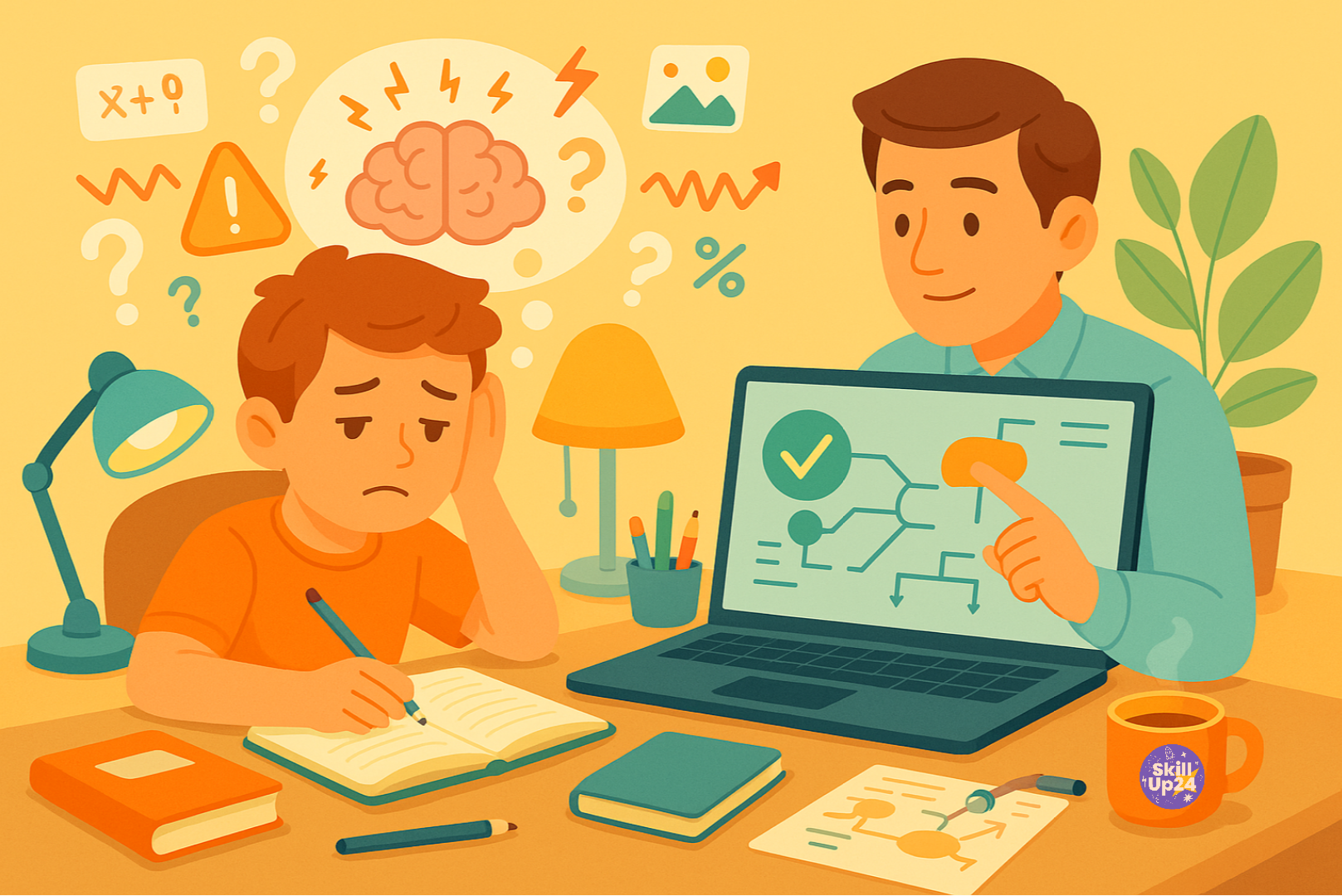 Ребёнок 10–12 лет сидит за столом с учебниками и перегруженным информацией мозгом, вокруг хаотичные символы и формулы, рядом спокойный репетитор помогает разобраться и структурировать знания, мультяшная flat-иллюстрация