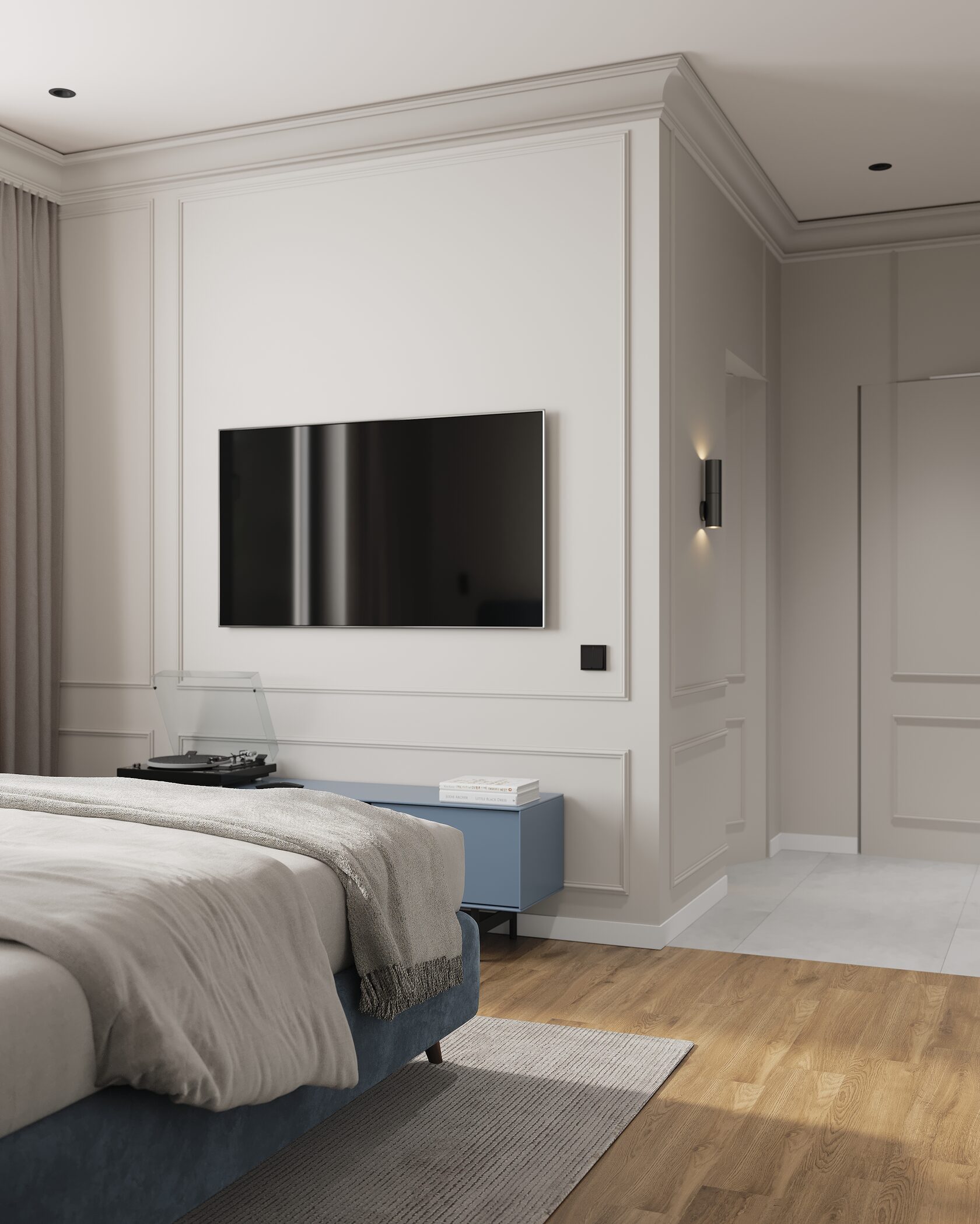 светлая квартира с яркими голубыми элементами мебели