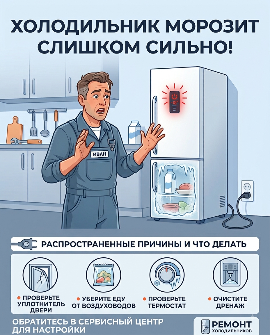 Мастер устраняет неисправность холодильника который морозит слишком сильно и замораживает продукты