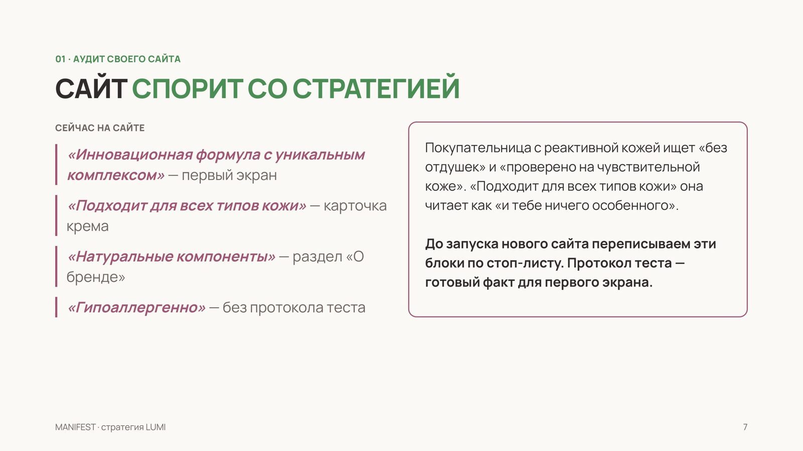 Сайт спорит со стратегией: что исправить на сайте до запуска — пример из демо-стратегии MANIFEST для вымышленного бренда