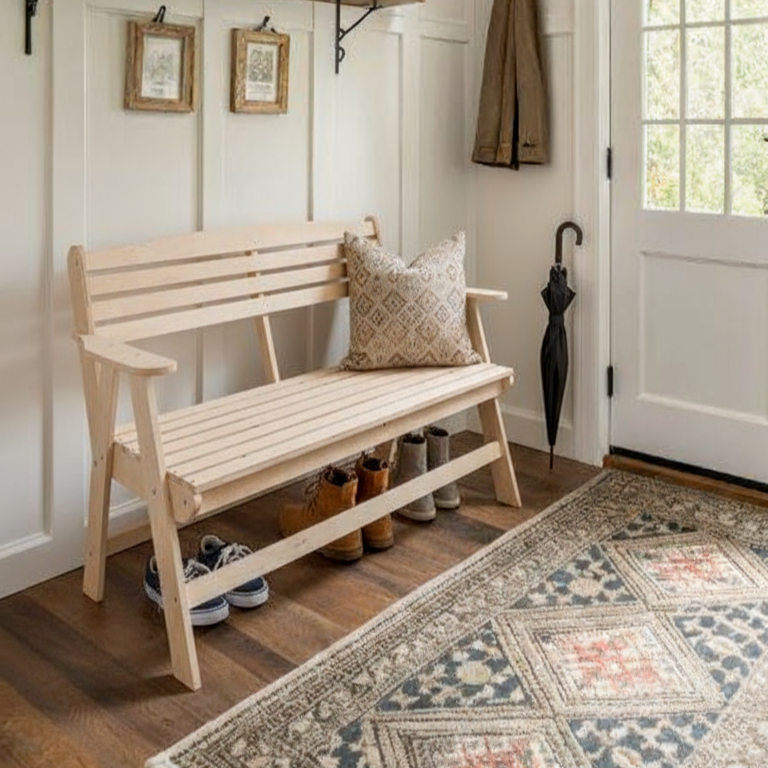 Аккуратная скамейка в прихожей с местом для обуви