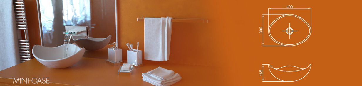 Раковина MINI OASE из акрилового камня, размеры: ширина 400 мм, глубина 300 мм, высота борта 165 мм. Овальная форма с плавными линиями, схема параметров и монтажа