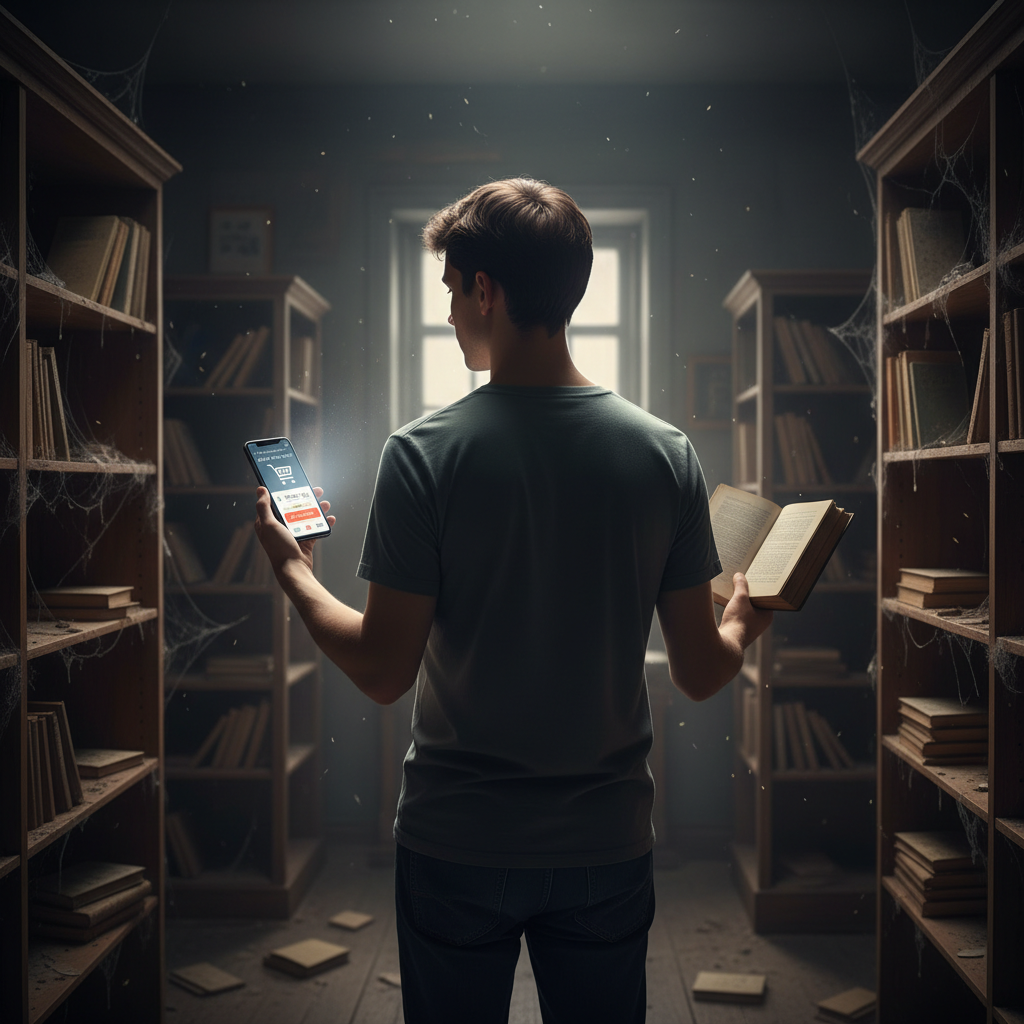 Человек с книгой и телефоном в закрывающемся книжном магазине