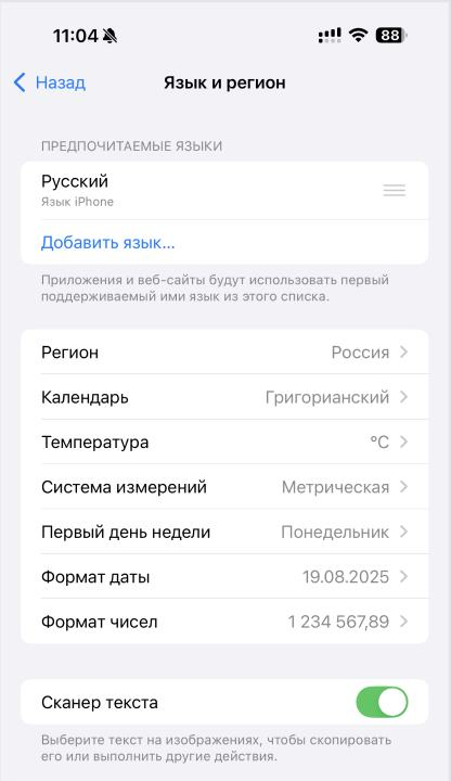 Откройте «Настройки» → «Основные» → «Язык и регион»