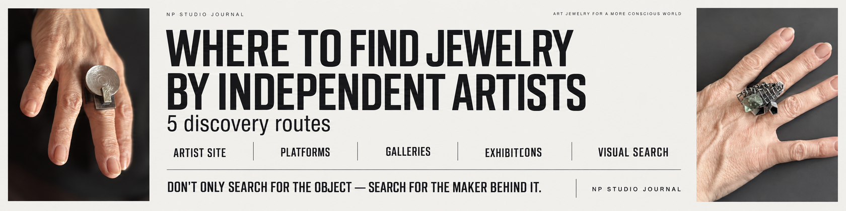 NP Studio Journal infographic: Where to Find Jewelry by Independent Artists through artist websites, specialist platforms, galleries, jewelry weeks and visual search
