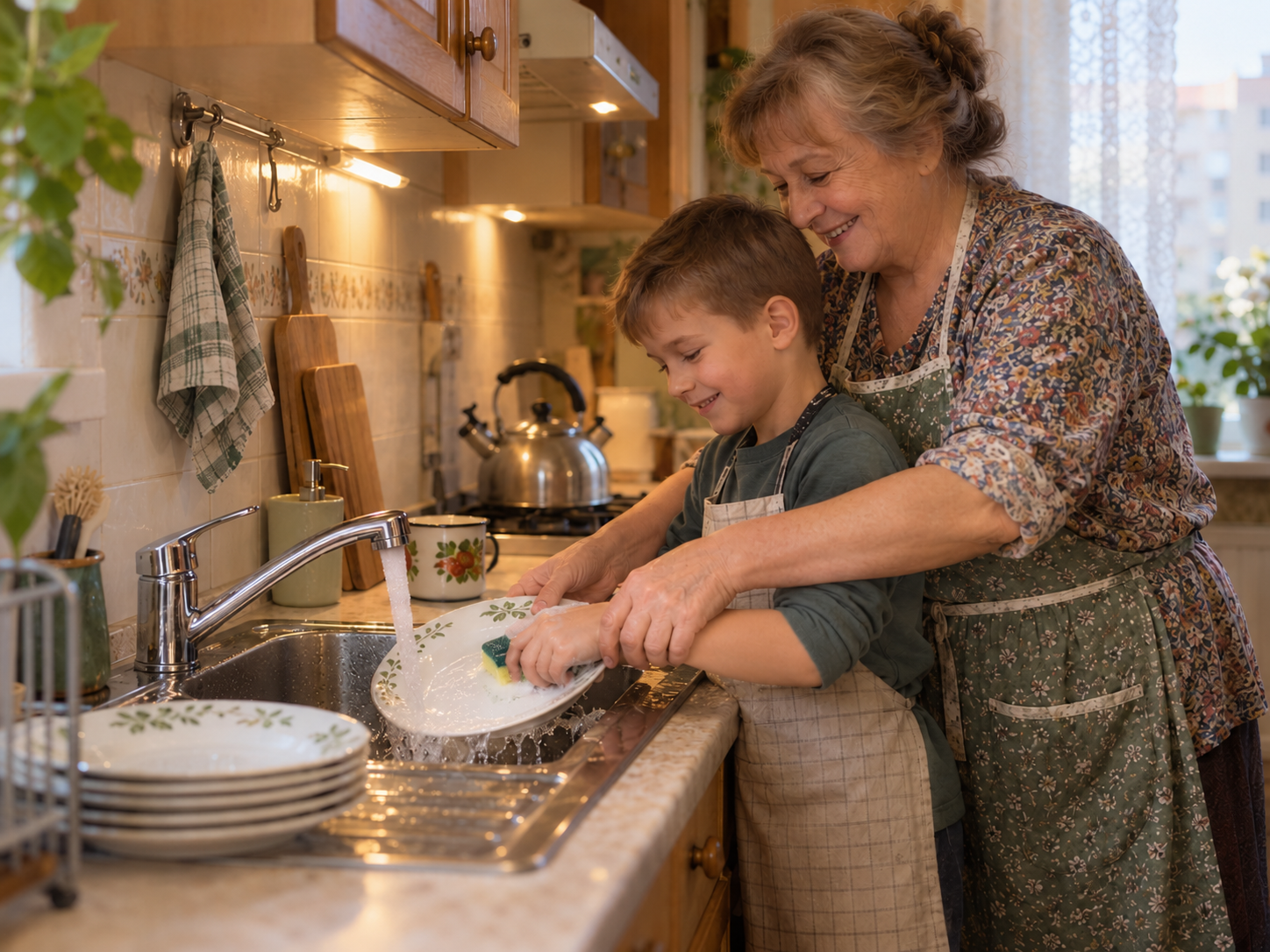 Бабушка и внук моют посуду на семейной кухне