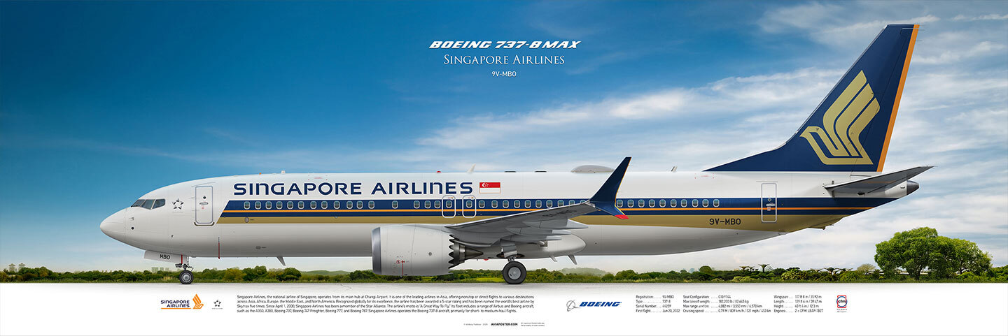 Singapore Airlines Boeing 737-8 MAX aircraft, on a landscape background