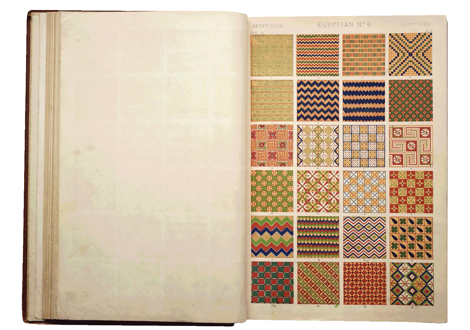 Страница с примерами египетского орнамента из книги «Грамматика орнамента» Оуэна Джонса (1856 год).
