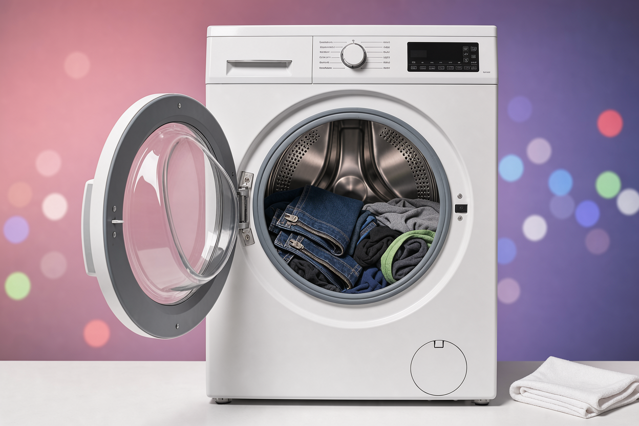 A washing machine drum loaded correctly with jeans and similar dark clothes, showing not overloaded machine and closed zippers, no detergent bottles visible