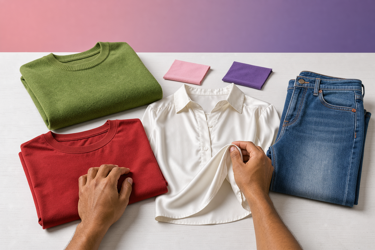 Hands sorting laundry by color and fabric on a wooden surface showing a cotton T-shirt, silk blouse, wool sweater and denim jeans, no brand logos