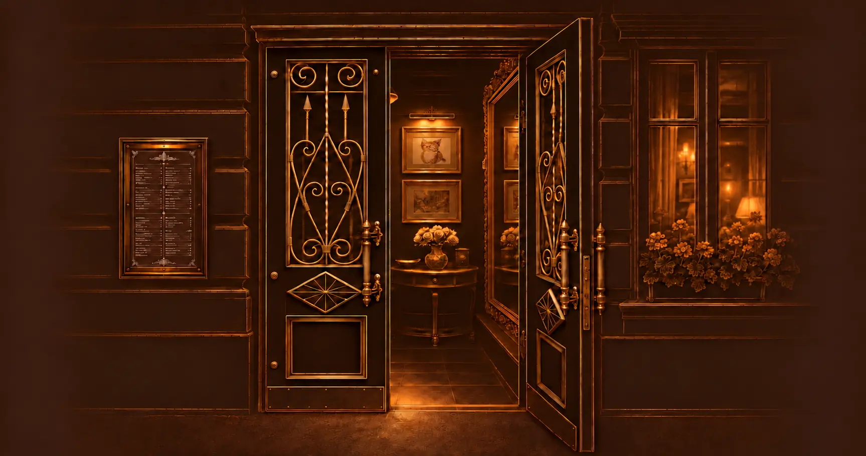 Вход в Секретное место: кованая дверь, меню слева и окно с цветами справа
