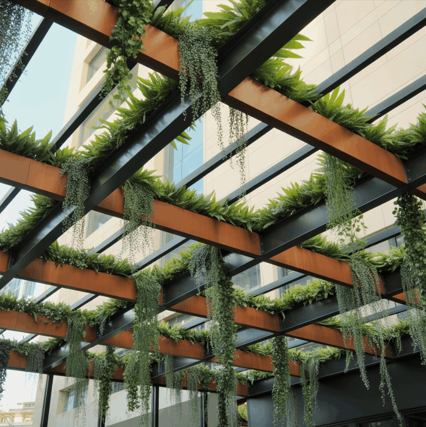 потолочное озеленение террасы с зелёными панелями