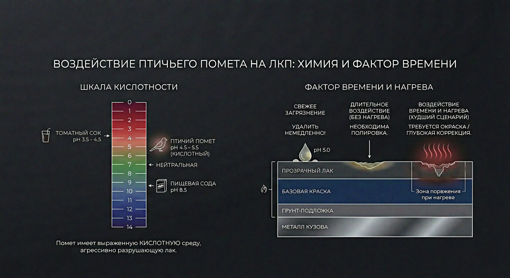 Инфографика: pH птичьего помета и влияние на слои лакокрасочного покрытия